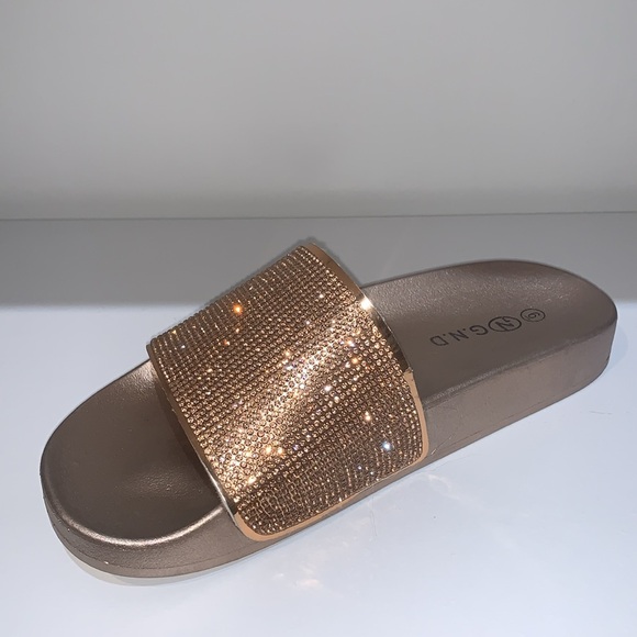 SPARKLY RHINESTONE ROSE GOLD SLIDES - Picture 6 of 8